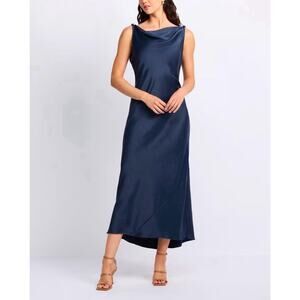 Deane Izzy Satin Cowl Neck Dress In Navy Blue Size large NWT